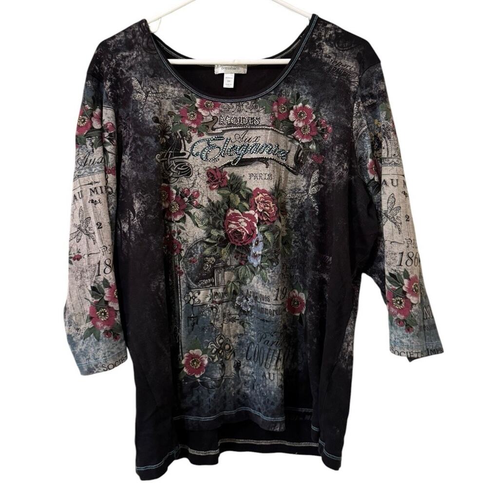 Dressbarn Women Size 3X Embellished Floral Blouse 3/4 Sleeve Cotton City Classic